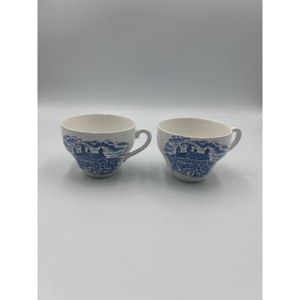 Royal Homes of Britain Enoch Wedgwood Tower of London Blue White Tea Cups Set 2